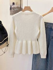 Fashionable Women's Fitted Button-Up Cardigan Sweater, Long Sleeve Ribbed Knit Top With Flared Hem And Round Neck, Suitable For Daily Wear And Autumn/Winter Fashion - Apricot - View 2
