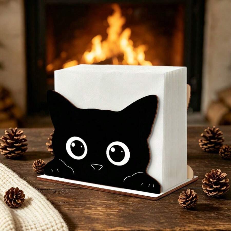 1pc Black Cat Peeking Wooden Napkin Holder, Cute Cartoon Kitten Paper Towel Dispenser, Kitchen Dining Table Desktop Napkin Storage Box, Tabletop Napkin Rack Decor - Multicolor - View 1