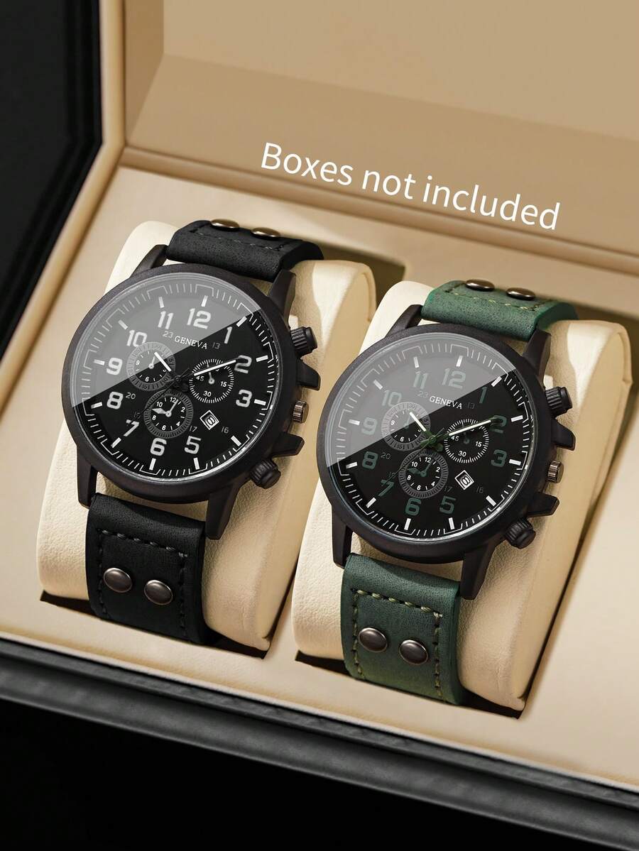 Jam Tangan Hadiah Pria Tali PU Klasik Tiga Mata Kalender Digital Jam Tangan Kuarsa Kasual Olahraga Luar Ruangan, Hadiah untuk Pacar (2pcs/Set) Kotak Jam Tangan Tidak Termasuk - MultiWarna - View 1