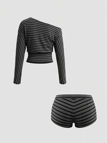 VINOVA Women's Elegant Grey Set Knit Striped Off-Shoulder Ruched Crop Top & Drawstring Shorts Set, Fall Winter 2026, Dating, Home, Christmas Outfits - Dark Grey - View 10
