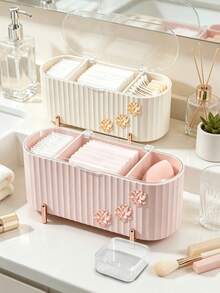 Cute Flower Decor 3-Compartment Cotton Pad Storage Box, Transparent Lid Dust-Proof Desktop Organizer, Suitable For Cotton Pads, Cotton Swabs, Makeup Sponges, Small Cosmetic Accessories Storage Box For Vanity And Bathroom - Multicolor - View 8