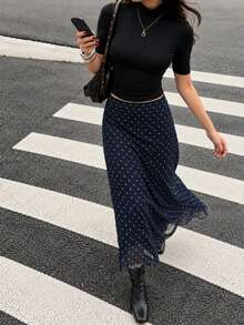 Women's Autumn Vintage Polka Dot Mid-Waist Slim Fit Deep Blue Straight Micro A-Line Midi Skirt, Versatile For Commuting And Vacation - Navy Blue - View 4