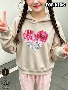 Girls' Shiny Heart Pattern Hooded Sweatshirt, Casual Long Sleeve Pullover Sweatshirt - Apricot - View 3