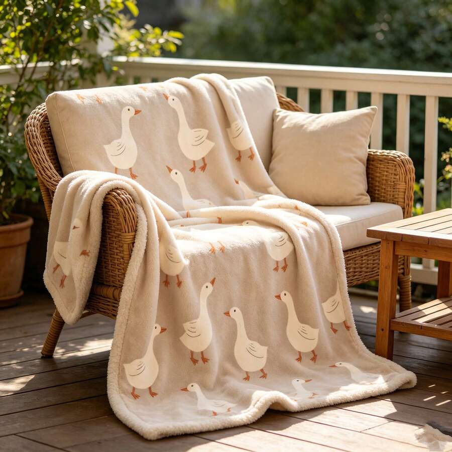 1pc Cute White Goose Down Flannel Throw Blanket, Cartoon Animal Pattern Sofa Bedroom Home Decor Blanket - Multicolor - View 1