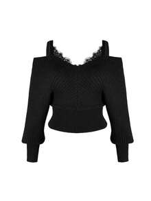 Women's Black Ribbed Knit Open Shoulder Sweater, Lace Trim V-Neck, Long Sleeve Pullover, Suitable For Autumn/Winter - Black - View 8