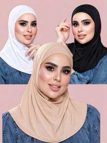 1pc/2pcs/3pcs Women's Elastic Tie-Back Solid Color Basic Hijab Caps, Modal Hijab Caps, Adjustable Jersey Wraps,Suitable Hijabi - Multicolor - View 9