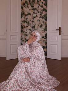Women's Floral Print Abaya Set With Matching Hijab, Elegant Batwing Sleeve Long Dress, Modest Muslim Dubai Islamic Robe, Suitable For Daily Wear And Party - Multicolor - View 5