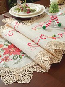 ABEST6522 Home&Living store 1pc Christmas Candle And Poinsettia Embroidered Table Runner, Hollow Carved Design, Vintage Christmas Table Decor, Suitable For Dinner Party, Family Gathering, Home Holiday Decoration - Multicolor - View 10