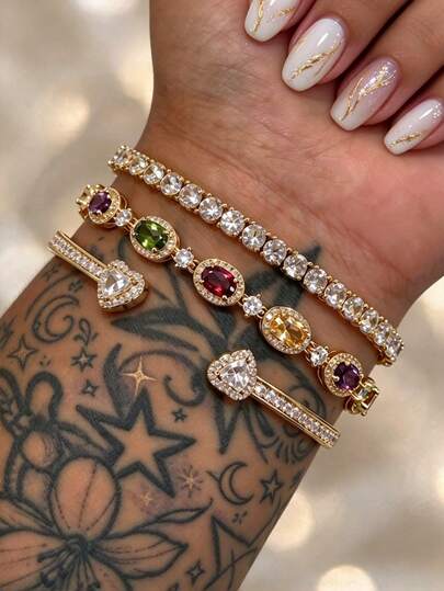 3pcs Luxury Fashion Colorful Geometric Heart Zirconia Bracelet Set, Adjustable For Women, Elegant Style, Perfect Gift (Slight Color Difference Between Bracelets, Random Rhinestone Color)