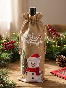 2/1pc Christmas Wine Bottle Bag With Snowman Print, Faux Linen Drawstring Wine Gift Bags For Holiday Dinner Table Decor And Festive Party Gift Wrapping - Multicolor - View 2