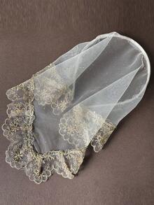 1pc Minimalist Gold Foil Mesh Headband, Thin Tulle Triangle Hair Scarf Small Hair Accessory, Lace Trim Versatile Ball Headpiece - Beige - View 6