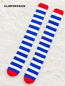 CLIMPRESSION Women's Fuzzy Over-The-Knee Socks, Thickened Coral Fleece Warm Thigh-High Socks, Soft And Fluffy Long Socks, Suitable For Winter Home And Sleep - Blue and White - View 3