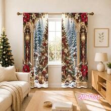 2D Flat Print 2Pcs Christmas Scene Curtains, Holiday Winter Wonderland Snowy Tree Pattern Blackout Curtains For Living Room Bedroom Window Decoration, Holiday Home Decor, Country Farm Style Curtains Privacy Protection Easy To Clean - B - View 2