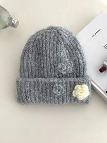 Handmade Crochet Beanie With 3D Flower, Floral Knit Winter Hat For Women, Warm Ear-Covering Hat, Face-Slimming Design, Atmosphere Style - Multicolor - View 15