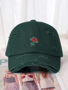 1pc Unisex Y2K Style Embroidered Rose Distressed Baseball Cap, Outdoor Sun Protection Hat Suitable For Outdoor Sports, Sunshade And Daily Commute - Dark Green - View 2