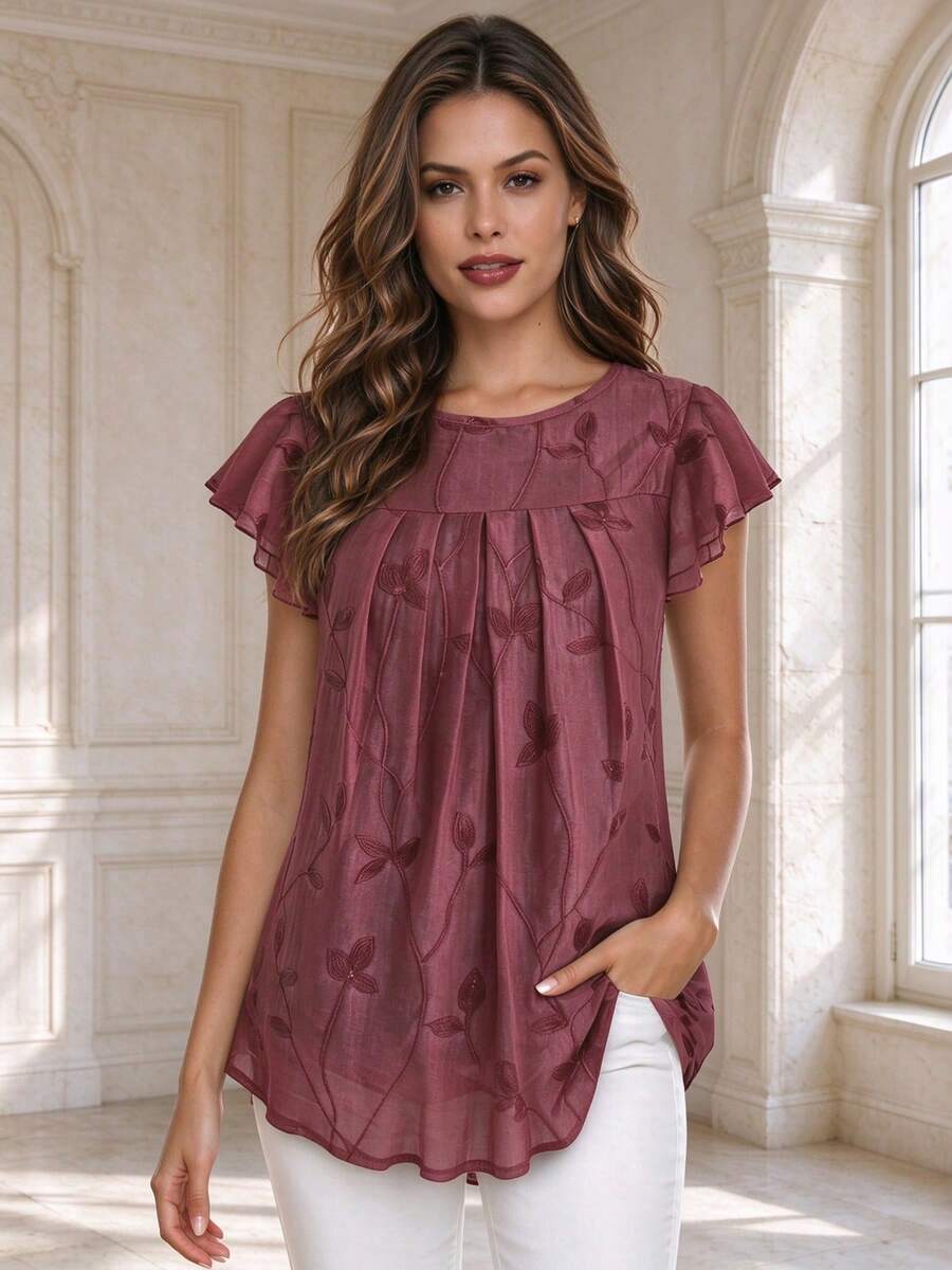 CheersLife Women's Short Sleeve Ruffle Hem Floral Print Blouse Vacation Summer - Burgundy - View 1