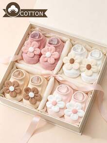4 Pairs Baby/Toddler Girls' Cute Floral Decorated Socks, Solid Color Non-Slip Bottom Ankle Socks, Versatile For All Seasons - Multicolor - View 2