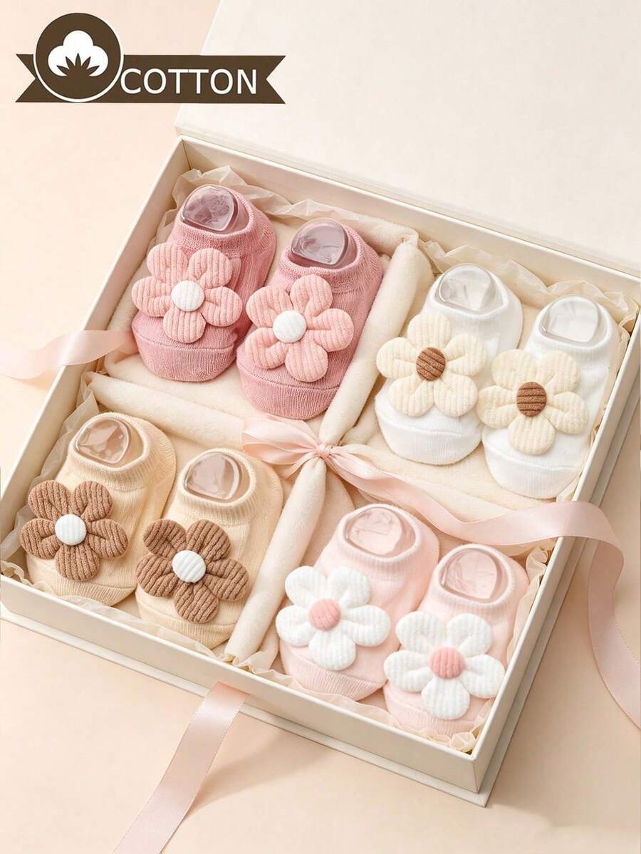 4 Pairs Baby/Toddler Girls' Cute Floral Decorated Socks, Solid Color Non-Slip Bottom Ankle Socks, Versatile For All Seasons