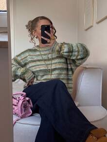 女款可愛休閒太空骰子彩色 Y2K 寬鬆長袖針織套頭毛衣，秋冬穿搭，返校季 - 漸層綠 - 查看 7