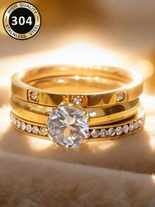 3pcs Set Elegant Cubic Zirconia Rings For Women Wedding Engagement Party Jewelry Valentine's Day Gift - 1# - View 2