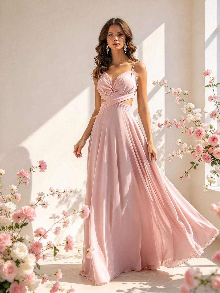 HOMEYEE Women's Fashion Solid Color Chiffon Sexy V-Neck Spaghetti Strap Backless Elegant A-Line Dress For Vacation Cocktail Party Formal Evening Wedding Fall