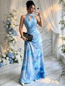 HOMEYEE Women's Fashion Printed Sleeveless Bodycon Dress, Elegant Ruched Hollow Out Halter Neck Knit Stretchy A-Line Gown Fall Wedding Party - Baby Blue - View 2