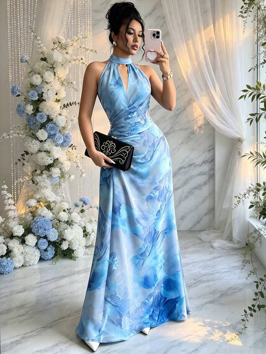 HOMEYEE Women's Fashion Printed Sleeveless Bodycon Dress, Elegant Ruched Hollow Out Halter Neck Knit Stretchy A-Line Gown Fall Wedding Party