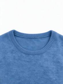Women's Wool Blend Soft Knit Short Sleeve Top, Loose Fit, 15% Wool Content, Basic Round Neck Solid Color Half Sleeve Lightweight Knit Sweater, Quiet Luxury Minimalist Commuter Style, Suitable For Office And Business Wear - Dusty Blue - View 8