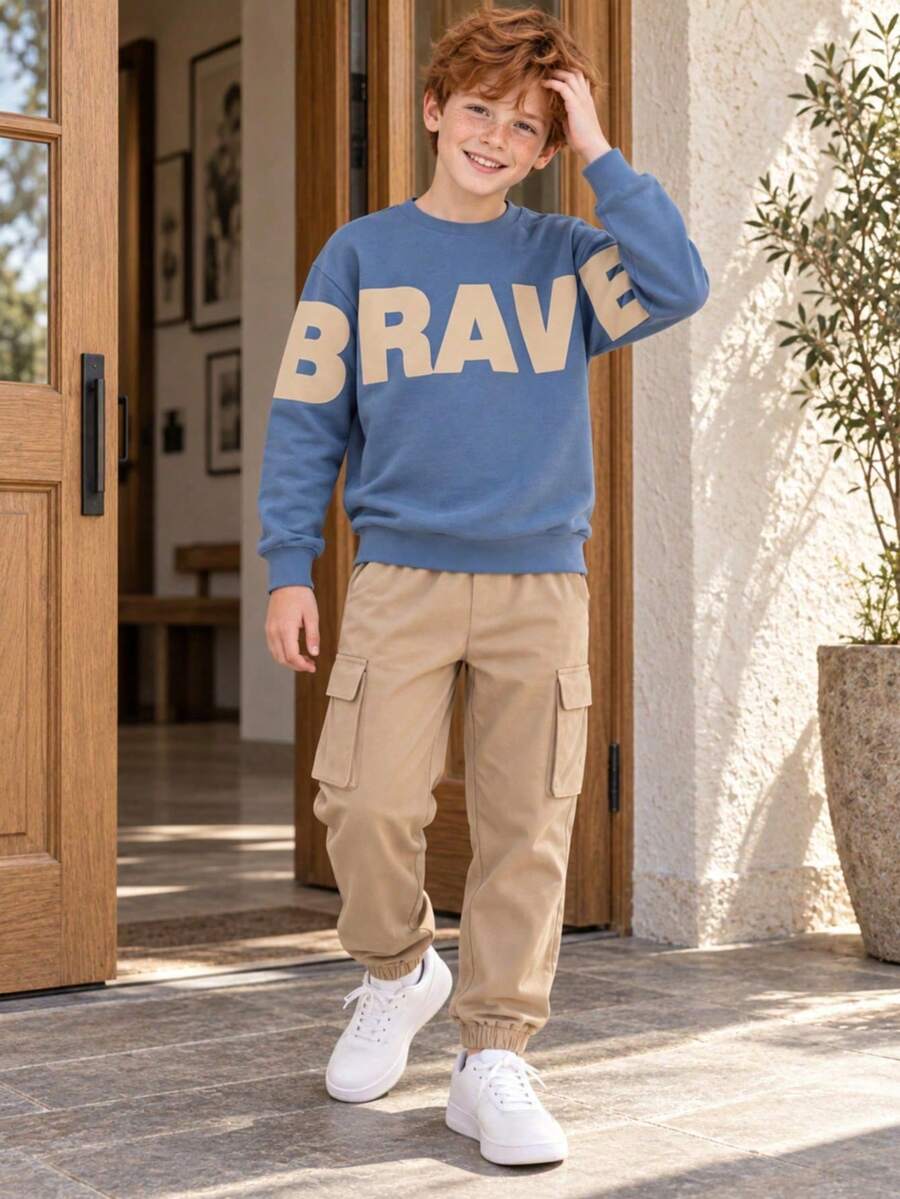 Boys' Spring/Autumn Fashion Outfit, Letter Print Crew Neck Long Sleeve Top + Solid Color Cargo Pants 2 Pieces Set, Suitable For 4-12 Years Old Boys, Autumn/Winter Wear, Back To School - Blue - View 1