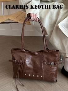 Tote Bag With Clear Crocodile Texture Creating 3D Texture, Belt Buckle And Rivet Elements Embellishing The Body, Sleek Design. Thickened Hand-Carry Shoulder Strap With Good Load-Bearing Capacity, Spacious Body Can Store Books And Laptop, Minimalist And Elegant, Suitable For Multiple Outfit Scenarios - Brown - View 7