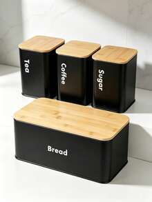Kitchen Food Storage Canister Set, Bread Box Set,Tea Coffee Sugar Jars With Bamboo Lids, Metal Airtight Containers & Bread Bin, Space Saving Countertop Food Storage Organizer For Pantry, Easy To Clean,2 Styles Optional - View 9