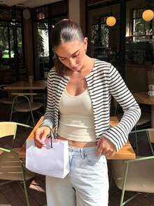 Women's Striped Long Sleeve T-Shirt, Fashion Slim Fit Cardigan, Versatile Top - Navy Blue - View 6