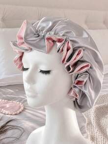 1pc Double Layer Ruffle Satin Sleep Cap, Made Of Smooth Satin Fabric, Pink And Blue Contrast Piping, Sweet And Fresh, Anti-Static And Breathable, Suitable For Sleep, SPA And Travel, Light Blue And Pink Available - Multicolor - View 2
