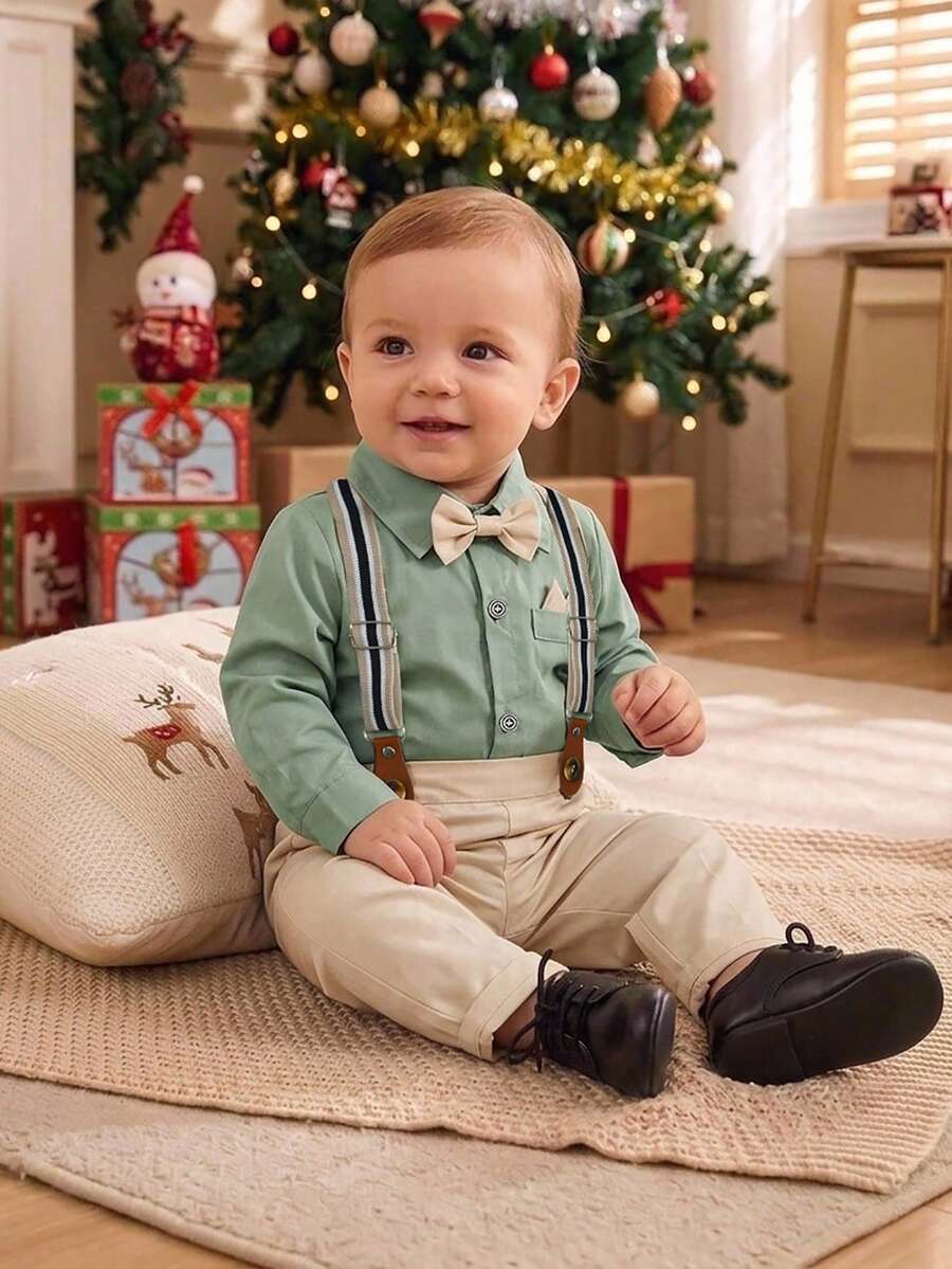 BOARNSEORL 2pcs Baby Boys Gentleman Outfit Set, Collared Shirt With Bowknot And Overalls Pants, Fashionable & Dapper For Birthday Party, Wedding, Banquet - Khaki - View 1