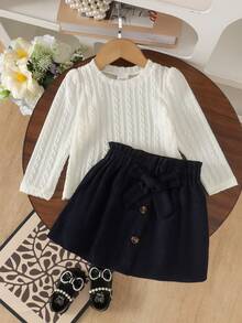 2pcs Baby Girl Fresh Artistic Style Round Neck Long Sleeve Top & Corduroy Bowknot Button A-Line Skirt Set, Spring Autumn Thin - Navy Blue - View 3
