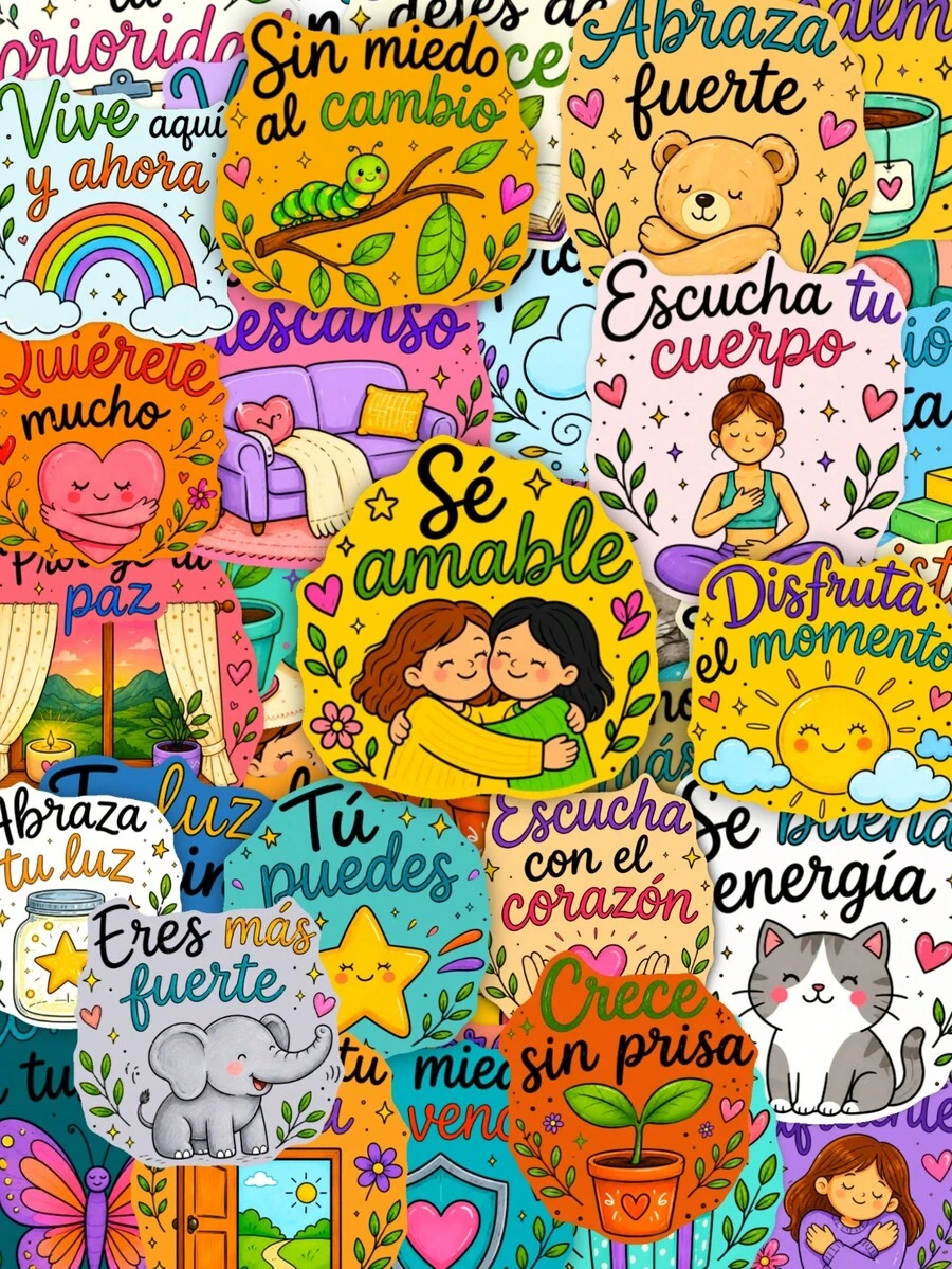 Cute Spanish Positive Quote Stickers 50Pcs, Motivational Phrase Waterproof Vinyl Decals For Planner - Multicolor - View 1