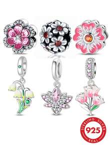 1pc S925 Sterling Silver Floral Theme Bead, Original Design Featuring Peach Blossom, Lily And Tulip. This Enamel Pendant Is Adorned With Diamond Accents, Suitable For Bracelets And Necklaces. Fresh And Elegant Jewelry Making Accessory, Radiating Gentle Feminine Charm, Perfect For DIY Projects And Daily Wear. - Multicolor - View 1