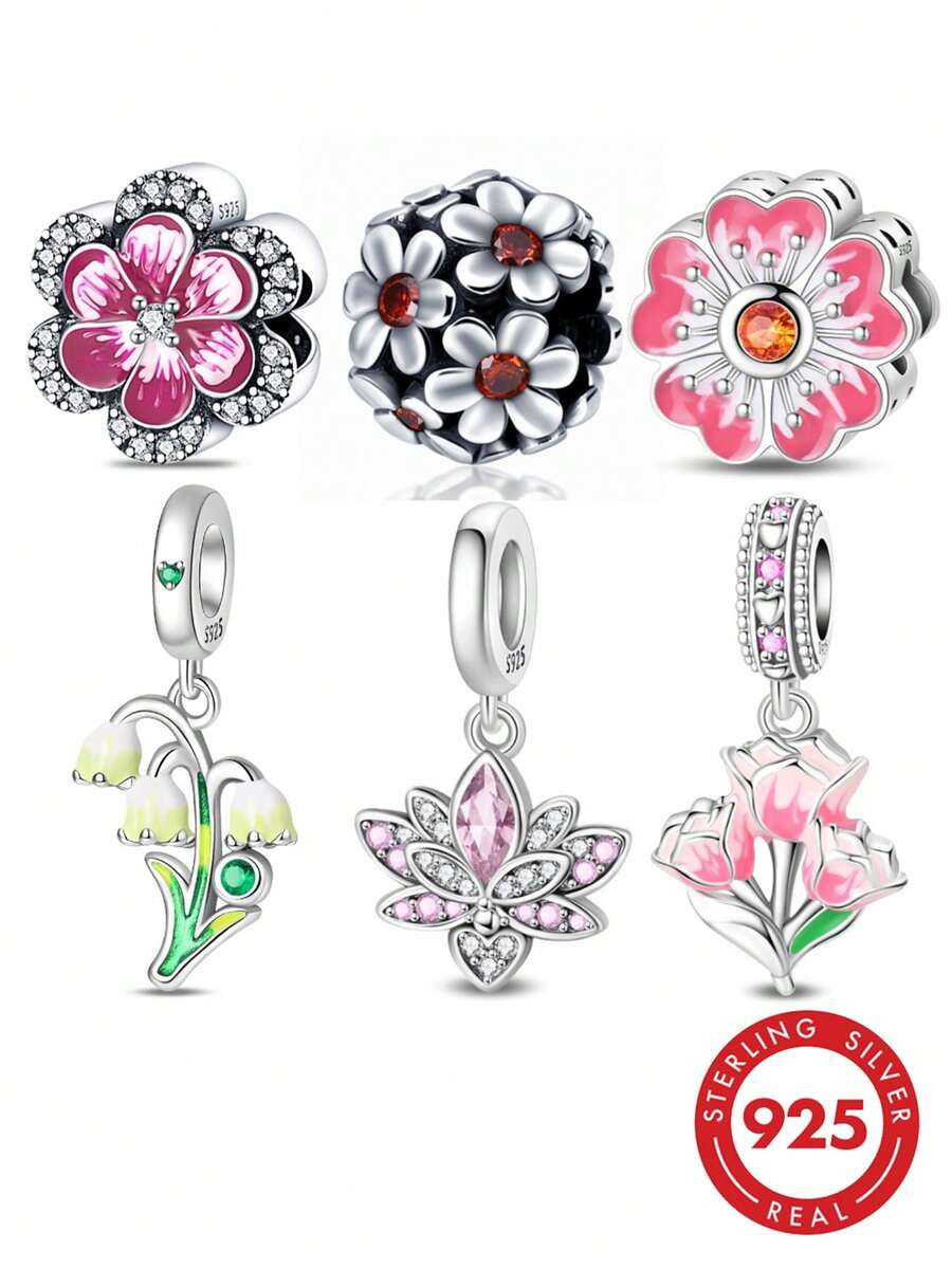 1pc S925 Sterling Silver Floral Theme Bead, Original Design Featuring Peach Blossom, Lily And Tulip. This Enamel Pendant Is Adorned With Diamond Accents, Suitable For Bracelets And Necklaces. Fresh And Elegant Jewelry Making Accessory, Radiating Gentle Feminine Charm, Perfect For DIY Projects And Daily Wear. - Multicolor - View 1