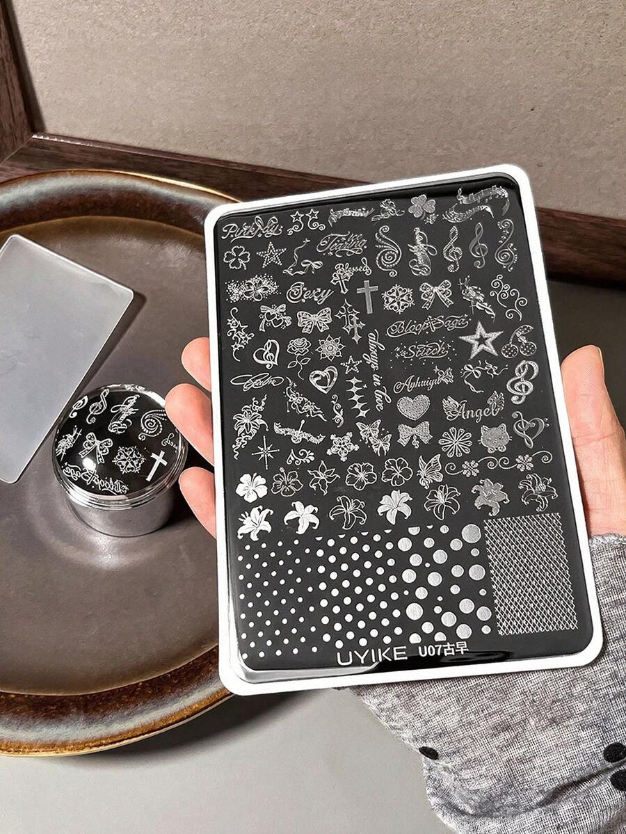 1pc 15X10cm Vintage Polka Dot Flower Mixed Design Nail Stamping Plate, Butterfly Flower Star Musical Note Heart Dot Nail Image Template, Reusable Nail Art Stencil For DIY Manicure
