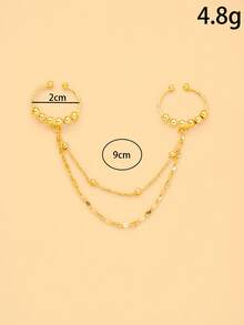 1pc Multi-Layer Chain Double Finger Connected Ring, Gold Bead Decorated Exquisite Double Finger Linked Chain Ring, Daily Casual Party Wear Accessory - Rhinestones - View 5