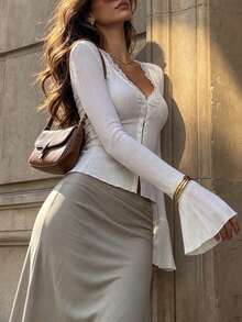Aflion Women's Casual White Ribbed Knit Fitted Top, V Neck Lace Trim Flare Long Sleeve Button Front Blouse For Women Daily Wear Going Out Outfit Summer Fall - White - View 8