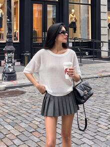JustMiss Women's Knit Cover Up Round Neck Short Sleeve Mesh Hollow Out Loose Straight Fit Vacation Knit Top Spring Summer - White - View 2