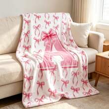 1PC Pink Bow Letter A Flannel Blanket, Coquette Style Throw Blanket For Sofa Bedroom, Birthday Gift Home Decor - Multicolor - View 6
