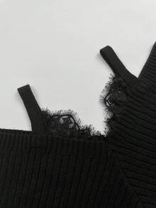 Women's Black Ribbed Knit Open Shoulder Sweater, Lace Trim V-Neck, Long Sleeve Pullover, Suitable For Autumn/Winter - Black - View 10