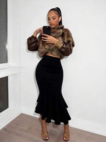 Women's Autumn/Winter Commuter Style High Waist Cinched Waist Bodycon Multi-Layer Ruffle Hem Mermaid Mid-Length Skirt Elegant Commuter Skirt - Black - View 7