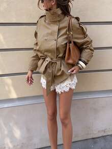 Women's Short Stand Collar Trench Coat, Long Sleeve Button Front Woven Fabric Jacket, Autumn/Winter Fashion Choice - Khaki - View 4