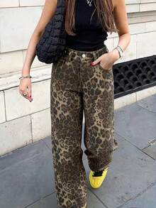 Y2K Street Retro Leopard Print High Waist Slanted Pocket Wide Leg Denim Jeans Classic Denim Long Pants - Brown - View 2