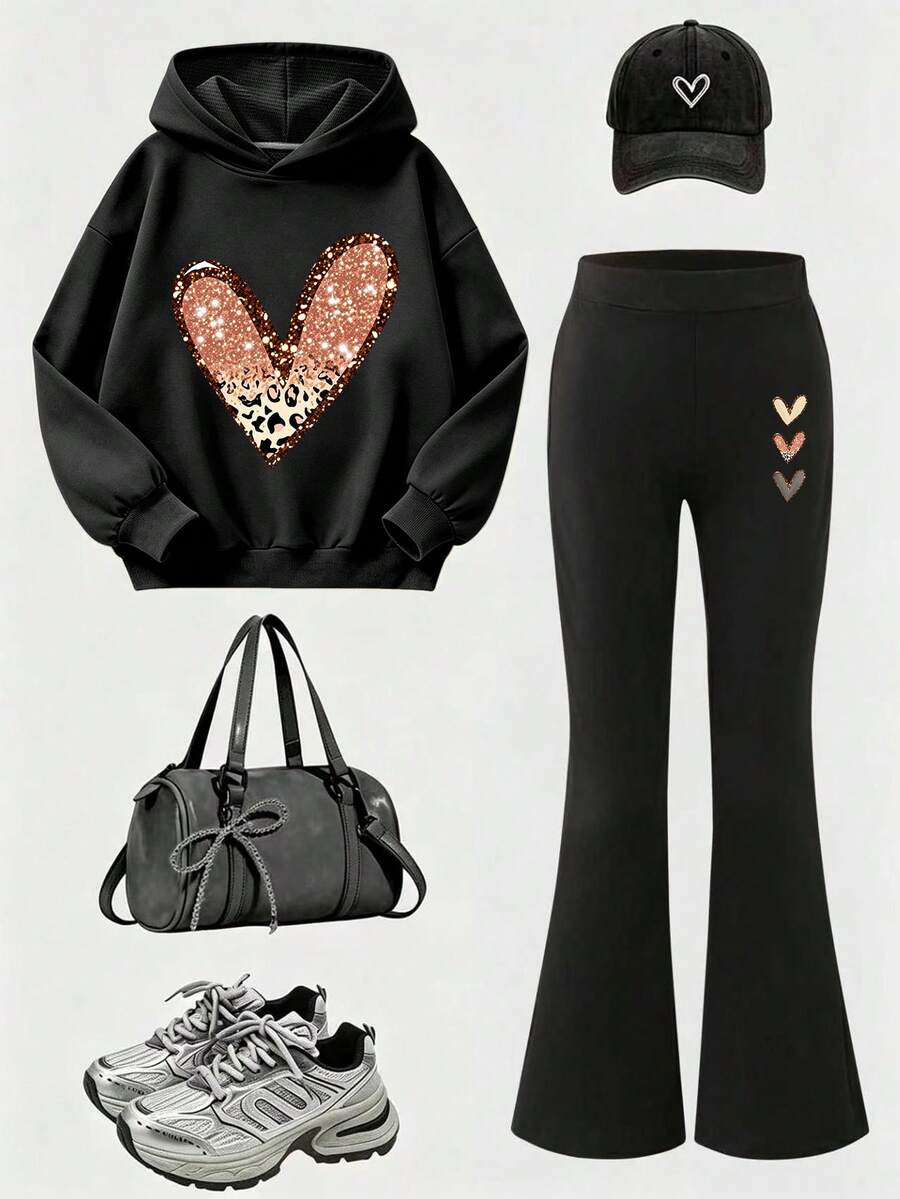 2pcs/Set Girls Gradient Slogan & Coconut Tree Print Crew Neck Sweatshirt + Flare Pants, Autumn/Winter Fashion Comfortable New Outfit - Black - View 1