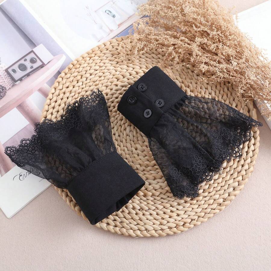 Elegant Detachable Mesh Lace Sleeve Cuffs, Classic Tweed Style Decorative Cuffs Fashion Accessory For Women - Black-161 - View 1