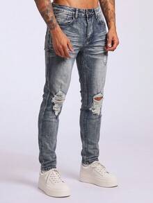 Mud Yellow Vintage Distressed Straight Leg Jeans, Street Style Ripped Denim Pants, American High Street Cat Whisker Texture Jeans, Patchwork All-Season Wear Men's Jeans - Blue - View 2